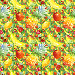 Exotic composition healthy food pattern in a watercolor style. Full name of the fruit: apple, pear, cherry, lemon, pineapple. Aquarelle wild fruit for background, texture, wrapper pattern or menu.