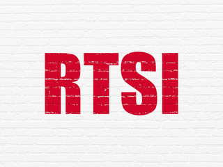 Stock market indexes concept: Painted red text RTSI on White Brick wall background