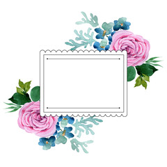 Bouquet flower frame in a watercolor style. Full name of the plant: rose. Aquarelle wild flower for background, texture, wrapper pattern, frame or border.