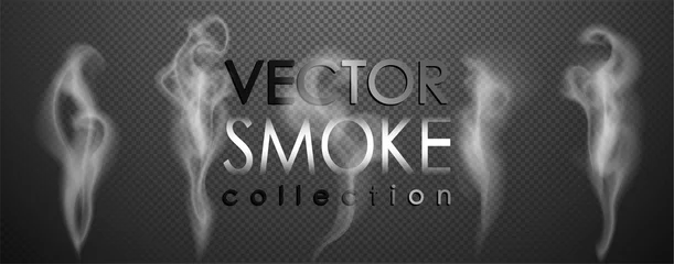 Meubelstickers Rook vector collectie, geïsoleerde, transparante achtergrond. Set van realistische witte rookstoom, golven van koffie, thee, sigaretten, warm eten,... Mist en neveleffect. © Gluiki