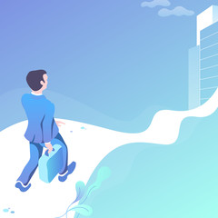 Man, office worker or businessman going to his office. Modern illustration with road to city and a person with briefcase in a hurry to presentation, to success. Background with empty place for text.