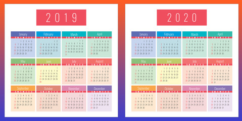 2020 calendar, 2019, color, design, vector, office, monthly, simple, business, template, series