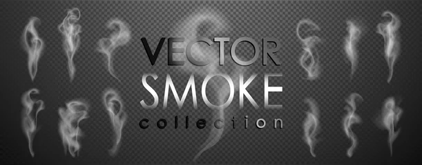 Rolgordijnen Rook vector collectie, geïsoleerde, transparante achtergrond. Set van realistische witte rookstoom, golven van koffie, thee, sigaretten, warm eten,... Mist en neveleffect. © Gluiki