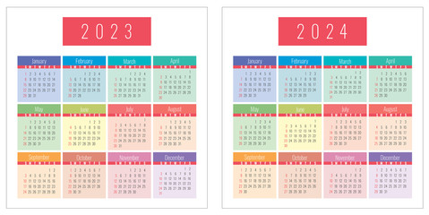 Calendar 2023 and 2024 years color