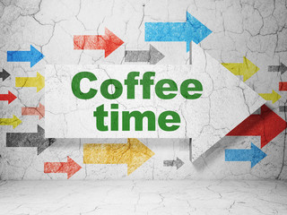 Timeline concept:  arrow with Coffee Time on grunge textured concrete wall background, 3D rendering