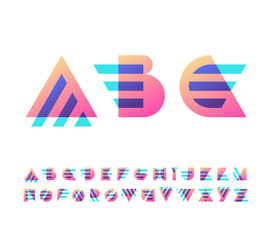 Parallel lines and color gradient blocks' latin font, graphical decorative type.
