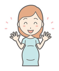 A pregnant woman in green dress spreads her hands