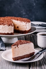 A piece of no-bake chocolate cheesecake on a plate
