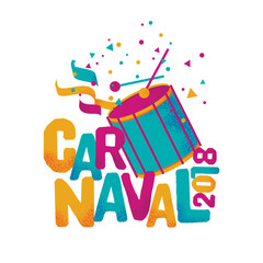 Brazilian Carnival Title with drum and colorful ribbons and confetti over white background.