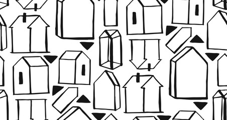 Hand drawn vector abstract graphic seamless triangle and houses scandinavian pattern. Textile background. Wrapping texture