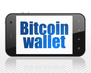 Cryptocurrency concept: Smartphone with blue text Bitcoin Wallet on display, 3D rendering