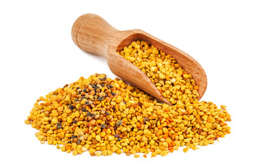 bee pollen and wooden spoon - obrazy, fototapety, plakaty