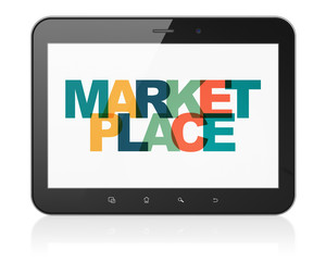 Marketing concept: Tablet Computer with Painted multicolor text Marketplace on display, 3D rendering
