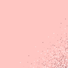 Pink gold glitter. Messy bottom right corner with pink gold glitter on pink background. Remarkable Vector illustration.