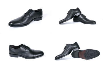 Male black leather shoe on white background, isolated product, comfortable footwear.