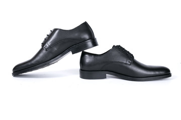 Male black leather shoe on white background, isolated product, comfortable footwear.