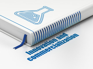 Science concept: closed book with Blue Flask icon and text Innovation And Commercialization on floor, white background, 3D rendering