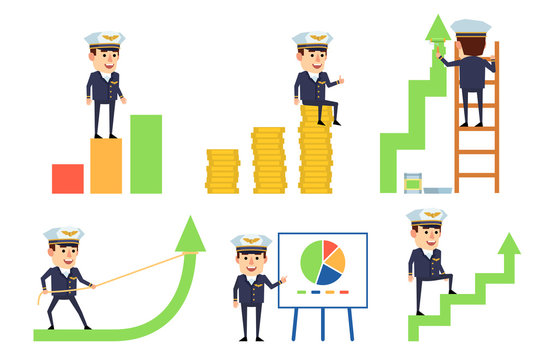 Set of handsome airline pilot characters posing with various charts. Cheerful pilot standing on growth diagram, pointing to whiteboard and showing other actions. Flat vector illustration