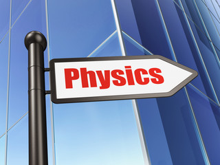 Studying concept: sign Physics on Building background, 3D rendering