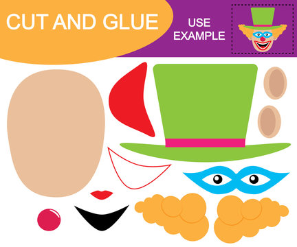 Create the Image of head of clown using scissors and glue. Game for children.