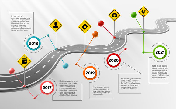 Vector company corporate milestone, history timeline, business presentation layout, infographic strategic plan workflow, grey background. Car curved road with years, marks, info icon, concept template