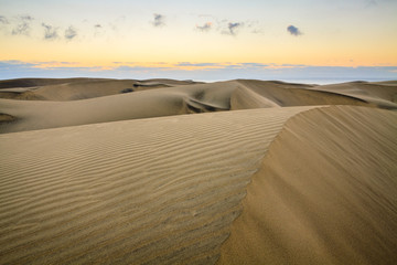 Fototapeta na wymiar Landscape of empty sand desert. Dunes of Maspalomas, Gran Canaria island.