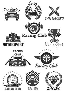 Racing club and motorsport isolated symbol set