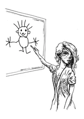 Fototapeten Meisje tekent stok poppetje op bord © emieldelange