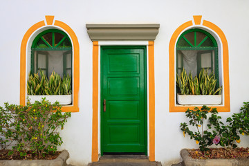 Door and windows decorated with  painted color in Puerto De Mogan on Gran Canaria island.