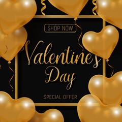 Valentine s day big sale offer, modern fashion banner template. Gold 3d glossy heart balloon with text.