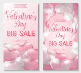 Valentine s day big sale offer, banner template. Pink and white 3d glossy heart balloon with text.