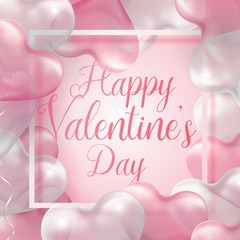 Happy Valentine s day banner template. Pink and white 3d glossy heart balloon with text.
