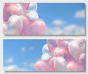 3d paper cut illustration of 3d glossy pink and white balloon hearts on blue background with clouds. Vector
