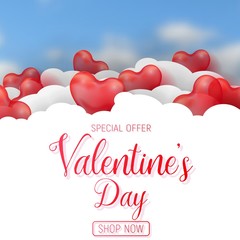 Valentine s day sale offer, banner template. Red 3d glossy heart balloon with text.