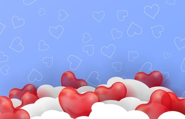 3d paper cut illustration of 3d glossy red balloon hearts on blue background with clouds. Vector