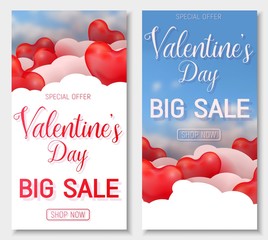 Valentine s day big sale offer, banner template. Red 3d glossy heart balloon with text.