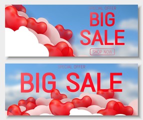 Valentine s day big sale offer, banner template. Red 3d glossy heart balloon with text.
