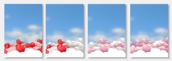 3d paper cut illustration of 3d glossy red, pink and white balloon hearts on blue background with clouds. Vector