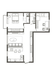 linear architectural sketch plan of standart two bedroom apartment