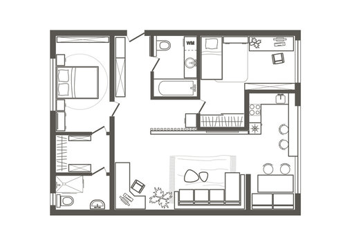 linear architectural sketch plan of two bedroom apartment