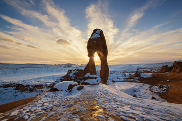 Delicate Arch with Snow  during Sunset