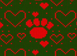 Seamless Knitted Pattern with heart and dog paw Background.