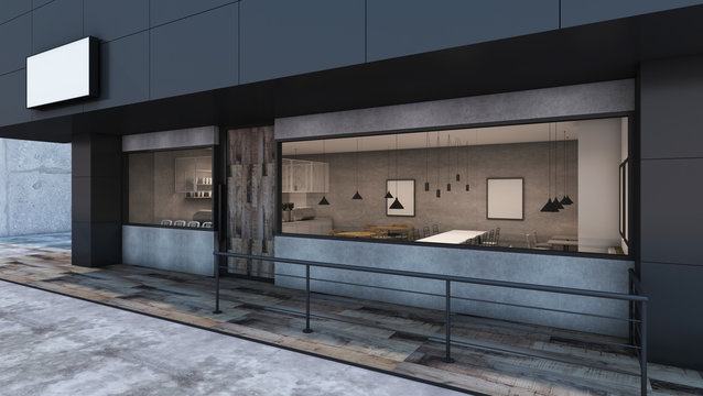 Front view Cafe shop & Restaurant design Modern Loft black metal concrete wall wood door- 3D rendering