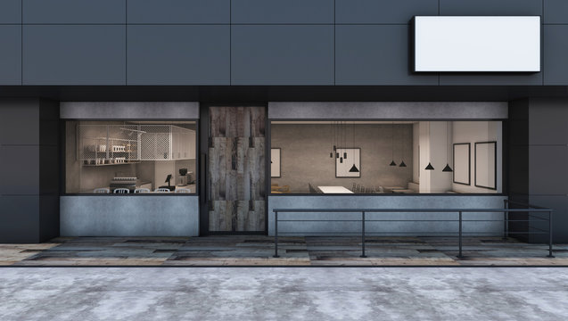 Front view Cafe shop & Restaurant design Modern Loft black metal concrete wall wood door- 3D rendering