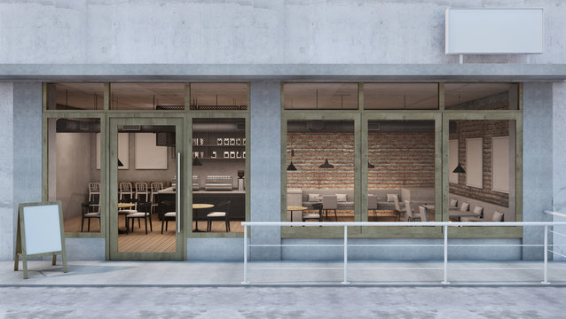 Front view Cafe shop & Restaurant design. Modern Loft counter steel black. Top counter concrete,Door frame wood, Brick Concrete wall - 3D render