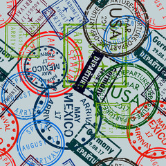 International business travel visa stamps arrivals seamless pattern. vector illustration