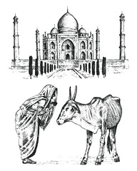 Taj Mahal an ancient Palace in India. monk with cow. traditional animal. landmark or architecture. Traditional mausoleum-mosque. engraved hand drawn in old sketch, vintage style.