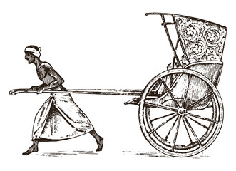 Hindu farmer with Rickshaw, working with a cart for passengers in India. engraved hand drawn in old sketch, vintage style. Kolkata.