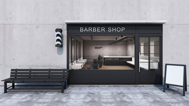 Front View Barber Shop Modern & Loft Design.Concrete Wall, Wood Floor, Black Frame Windows Door- 3D Render