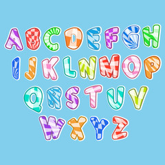 Bright children's alphabet. cartoon blue background. Upper letters geometric lines. Cute abc design for book cover, poster, card, print on baby's clothes, pillow etc. child scribble